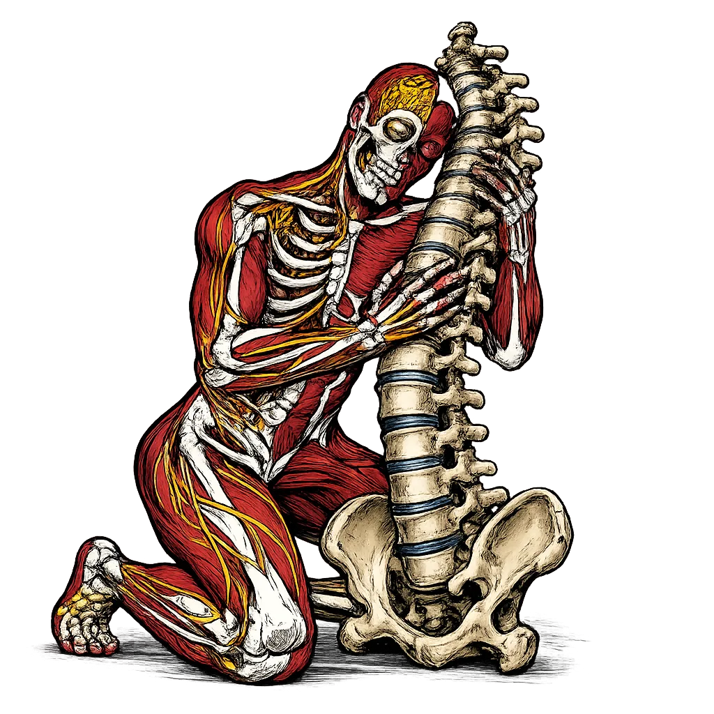 Ilustración anatómica de SOMA: figura abrazada a una columna vertebral